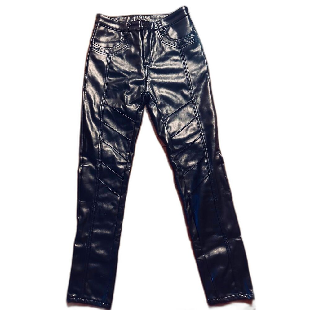 Black Faux Leather Slim Biker Moto Inspired Quilted Rugged Panel Unisex Pants 30